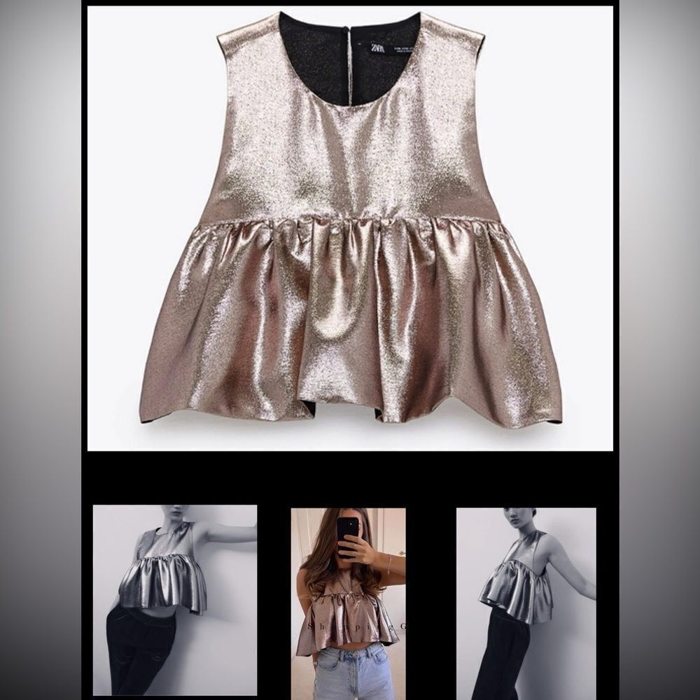 Zara Metallic Rose Gold Influencer Fav Cropped Peplum Tank Top